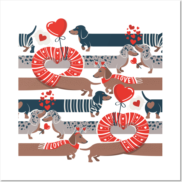 Dachshunds long love // neon red hearts scarves sweaters and other Valentine's Day details brown nile blue and dark grey spotted funny doxies dog puppies Wall Art by SelmaCardoso